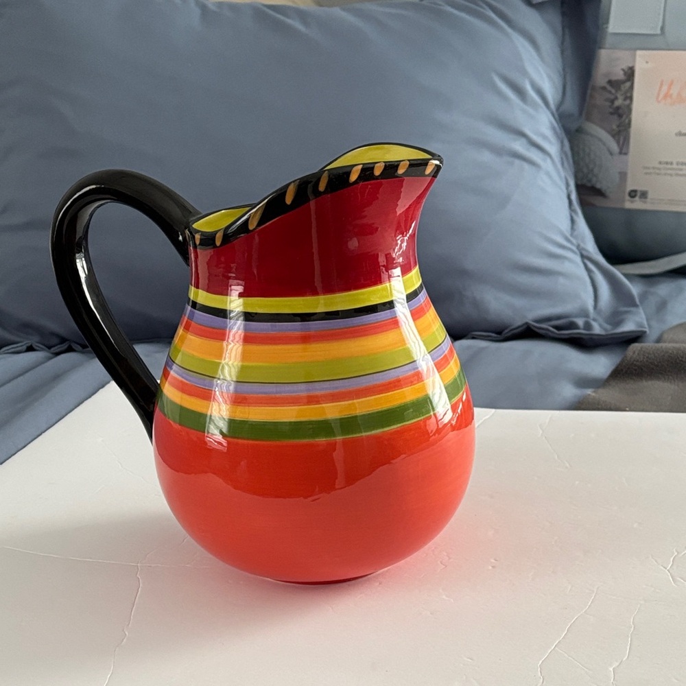 Hand-Painted Red an Orange Striped Ceramic Pitcher - Decorative Home Art